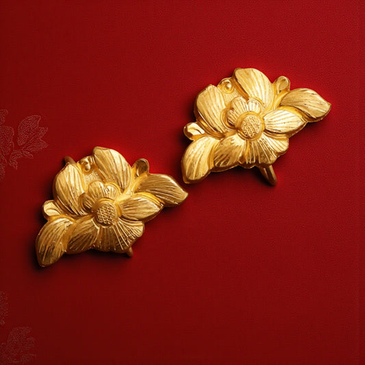 24K 999 Gold Vintage Style Hand-Engraved Detailed Orchid Flower Ear Hooks Earrings