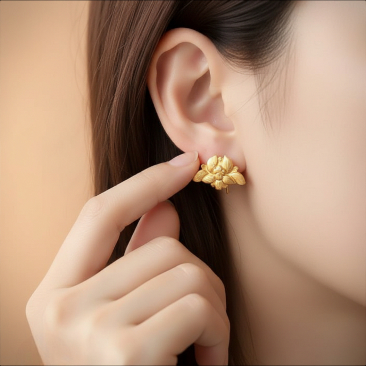 24K 999 Gold Vintage Style Hand-Engraved Detailed Orchid Flower Ear Hooks Earrings