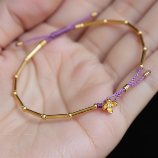 24k 999 Gold Bamboo Joint Osmanthus Flower Charm Braided Rope Bracelet