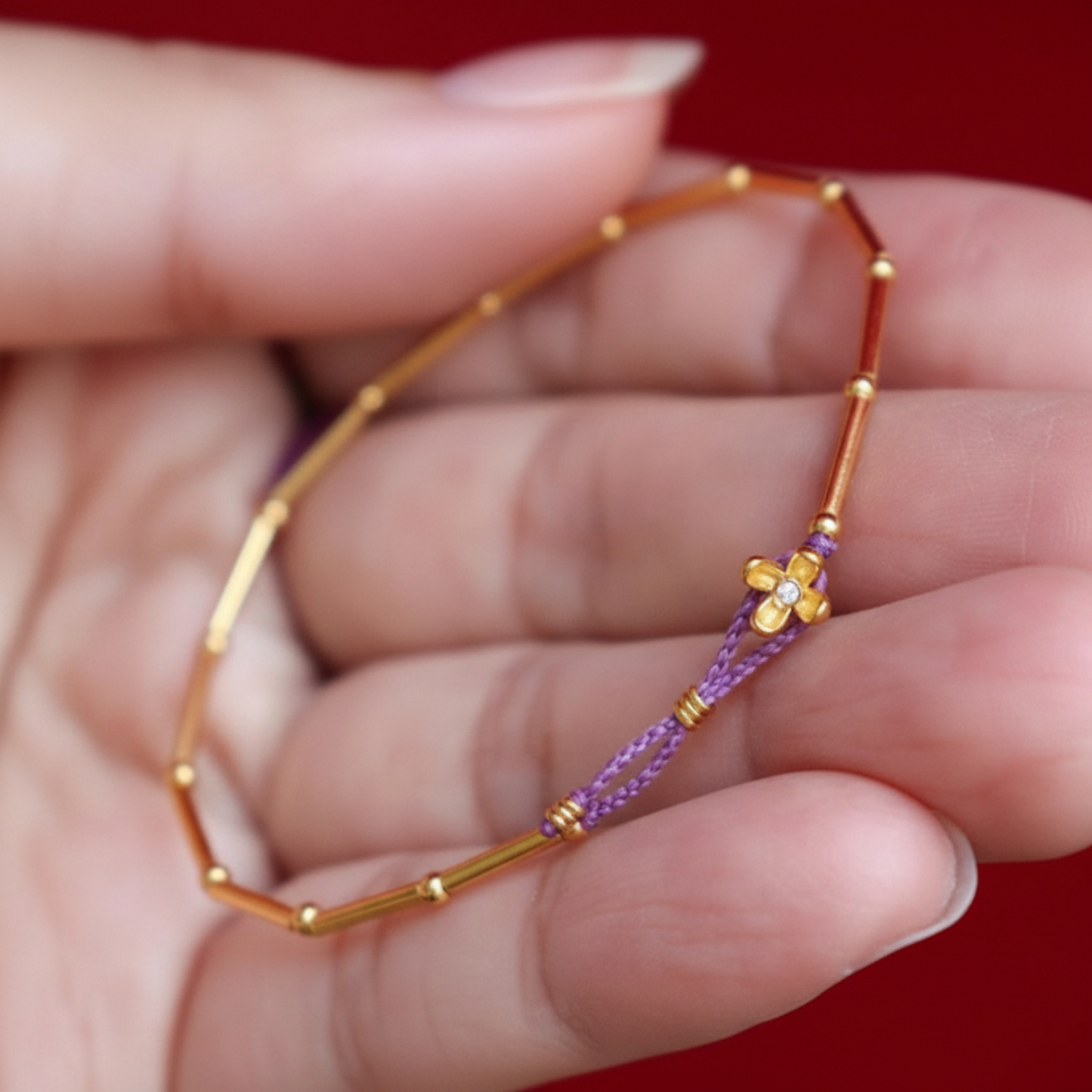24k 999 Gold Bamboo Joint Osmanthus Flower Charm Braided Rope Bracelet