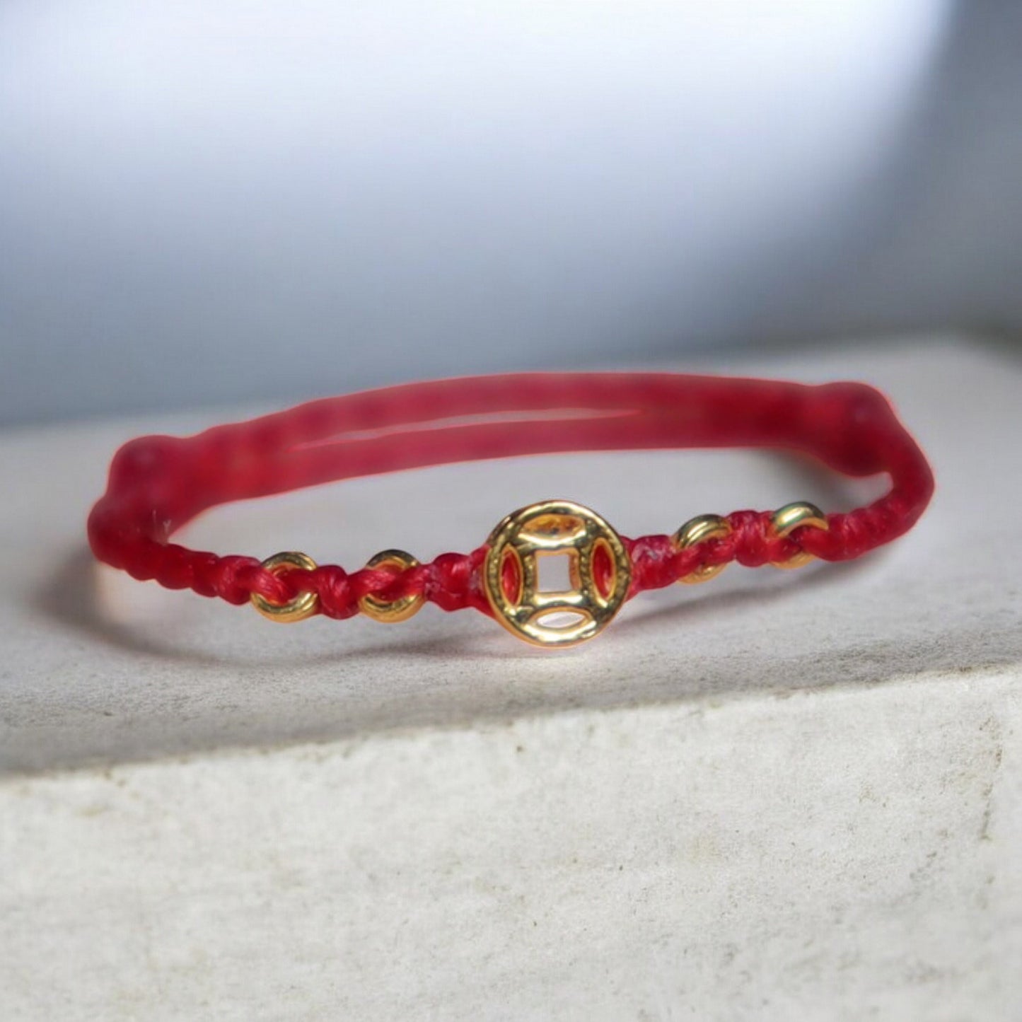 24K Gold Lucky Chinese Coin Rope Adjustable Hand-Woven Ring