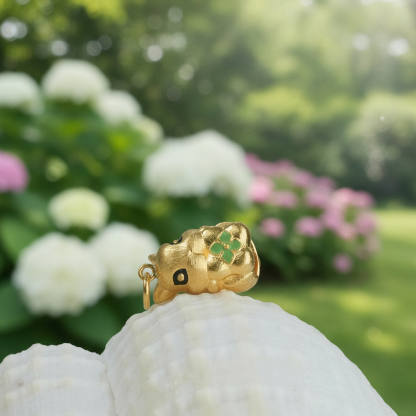 24K 999 Pure Gold Cute Mini Rabbit Bunny with Lucky Clover Babyshower Gift Pendant