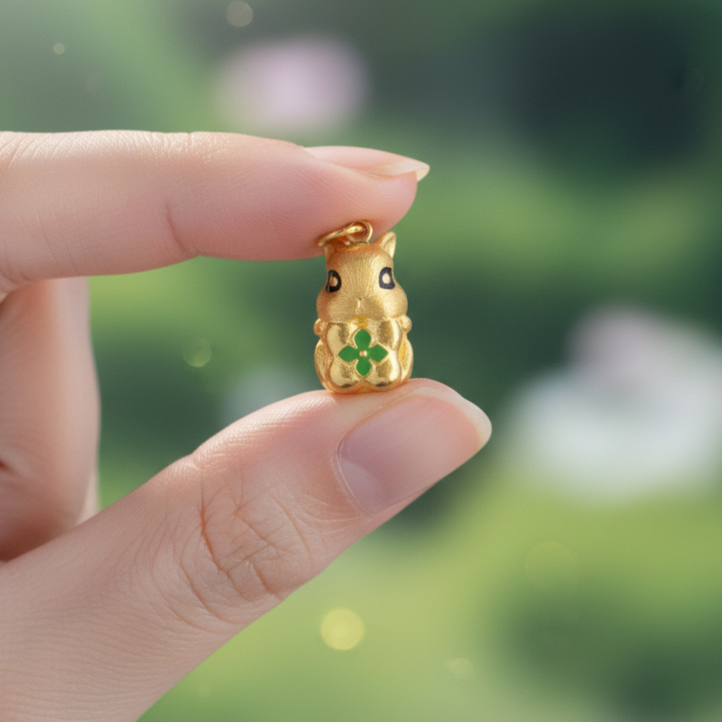 24K 999 Pure Gold Cute Mini Rabbit Bunny with Lucky Clover Babyshower Gift Pendant