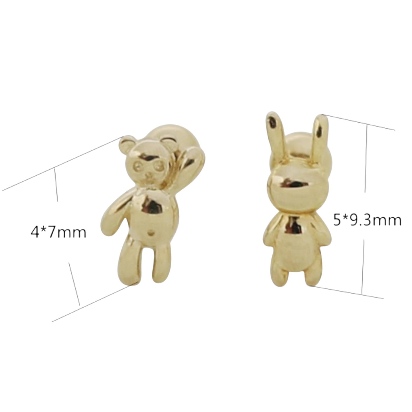 10K Real Gold Bunny and Bear Very Cute Mini Screw Back Earrings