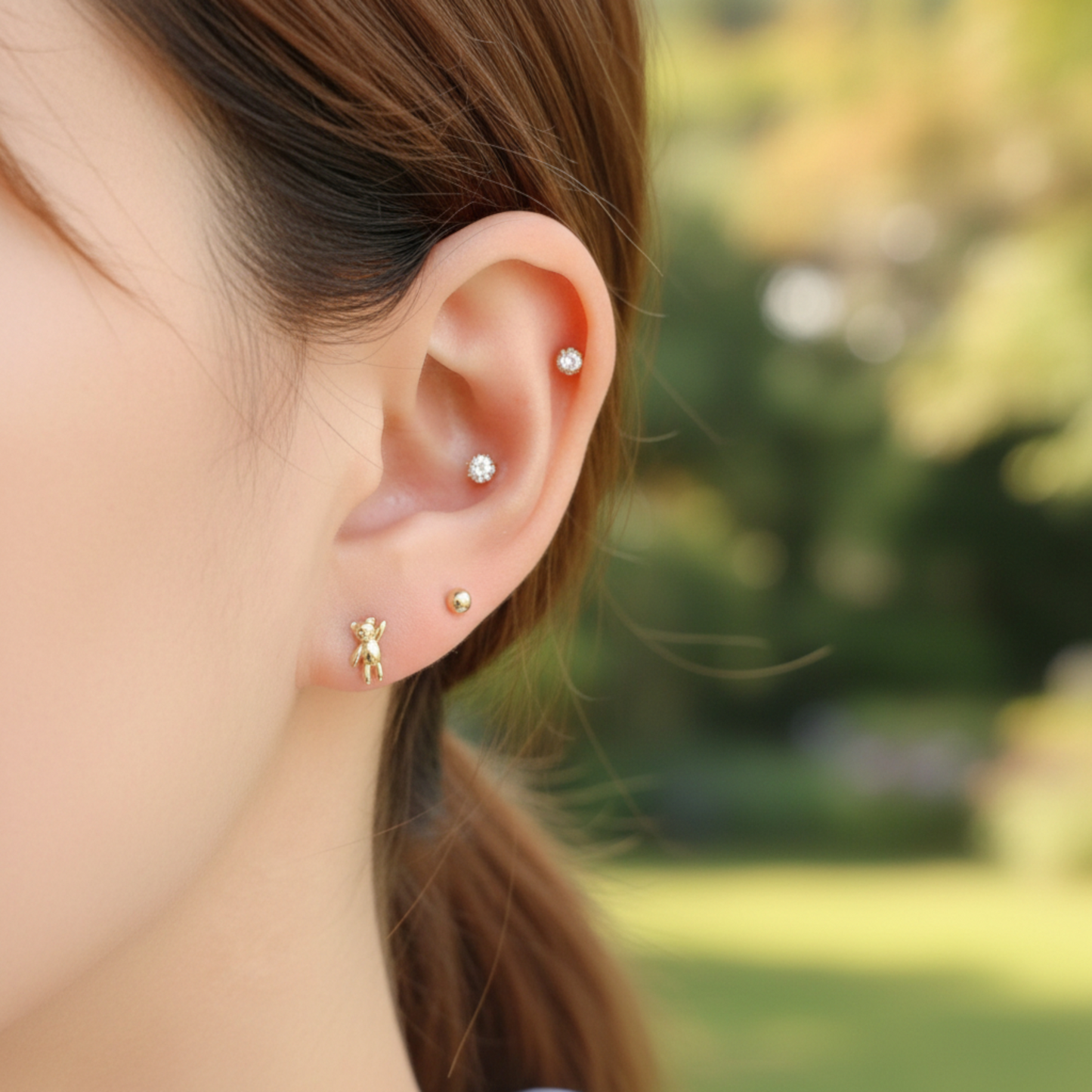 10K Real Gold Bunny and Bear Very Cute Mini Screw Back Earrings