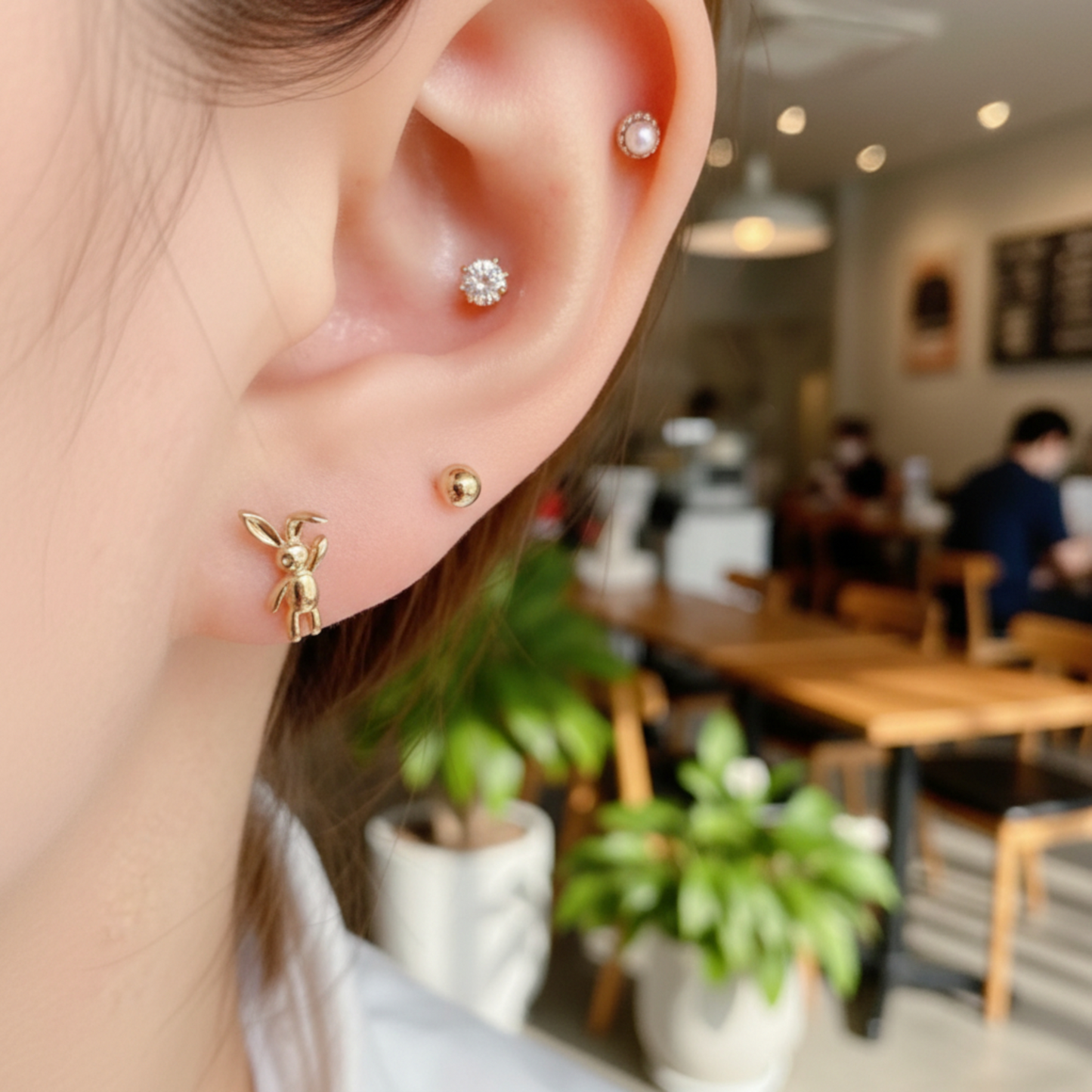 10K Real Gold Bunny and Bear Very Cute Mini Screw Back Earrings