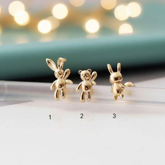 10K Real Gold Bunny and Bear Very Cute Mini Screw Back Earrings