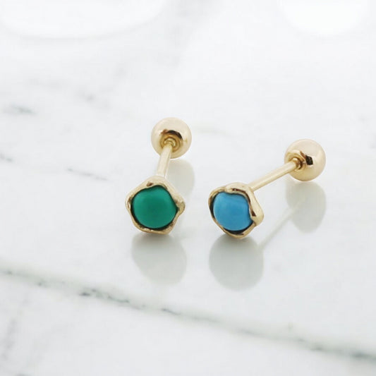 10K Real Gold Minimal Mini Green Round Turquoise Cartilage Screw On Earrings