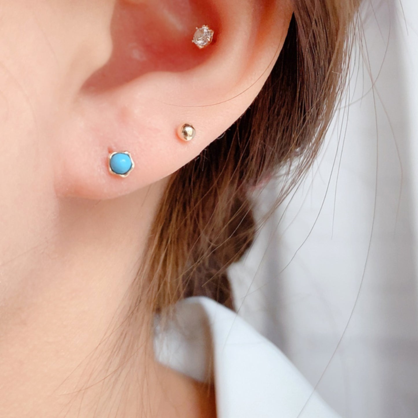 10K Real Gold Minimal Mini Green Round Turquoise Cartilage Screw On Earrings