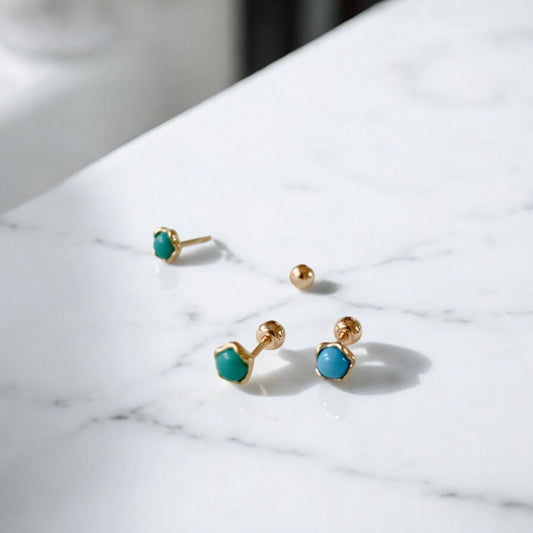 10K Real Gold Minimal Mini Green Round Turquoise Cartilage Screw On Earrings