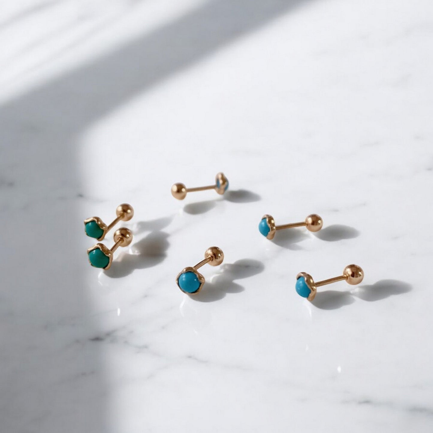 10K Real Gold Minimal Mini Green Round Turquoise Cartilage Screw On Earrings