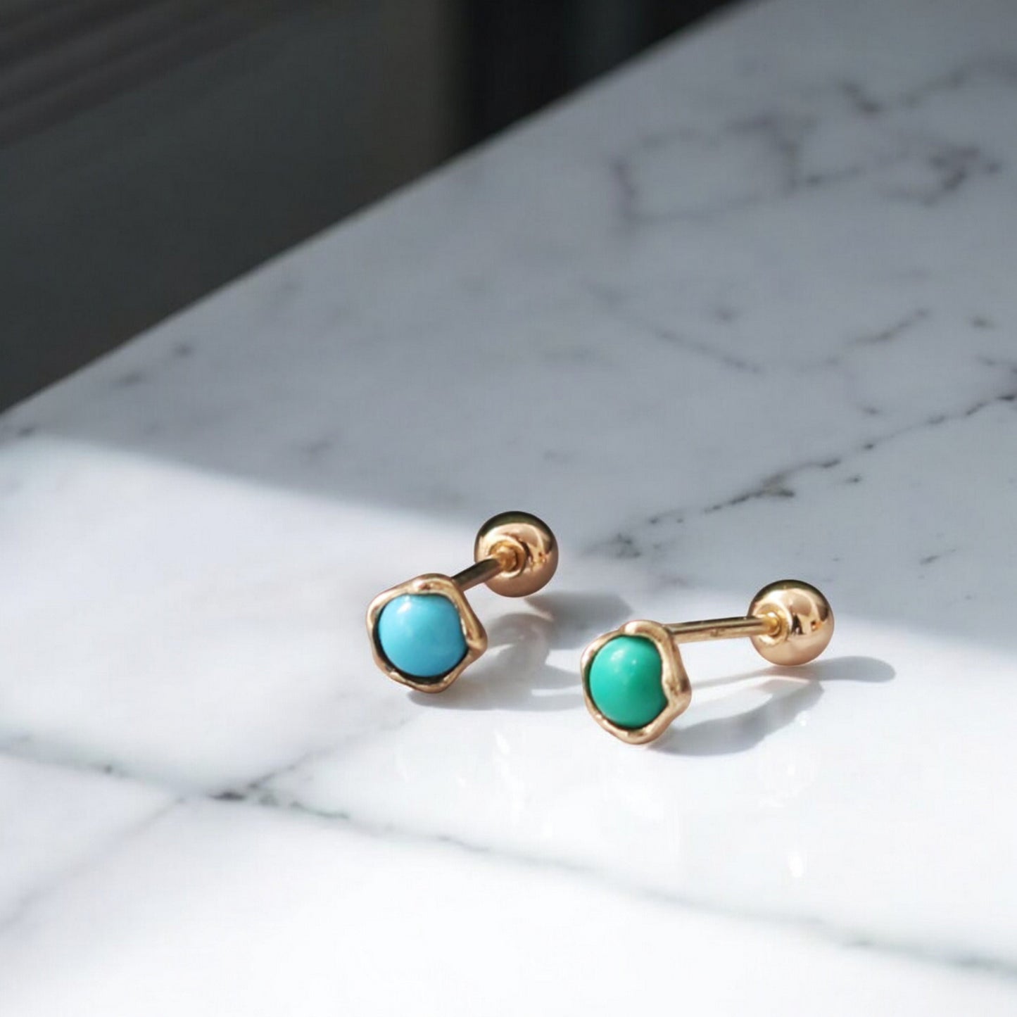 10K Real Gold Minimal Mini Green Round Turquoise Cartilage Screw On Earrings