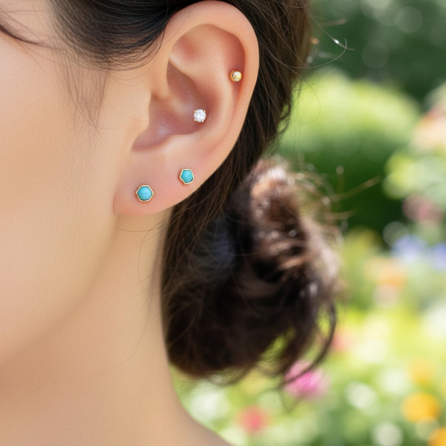 10K Real Gold Minimal Mini Green Round Turquoise Cartilage Screw On Earrings