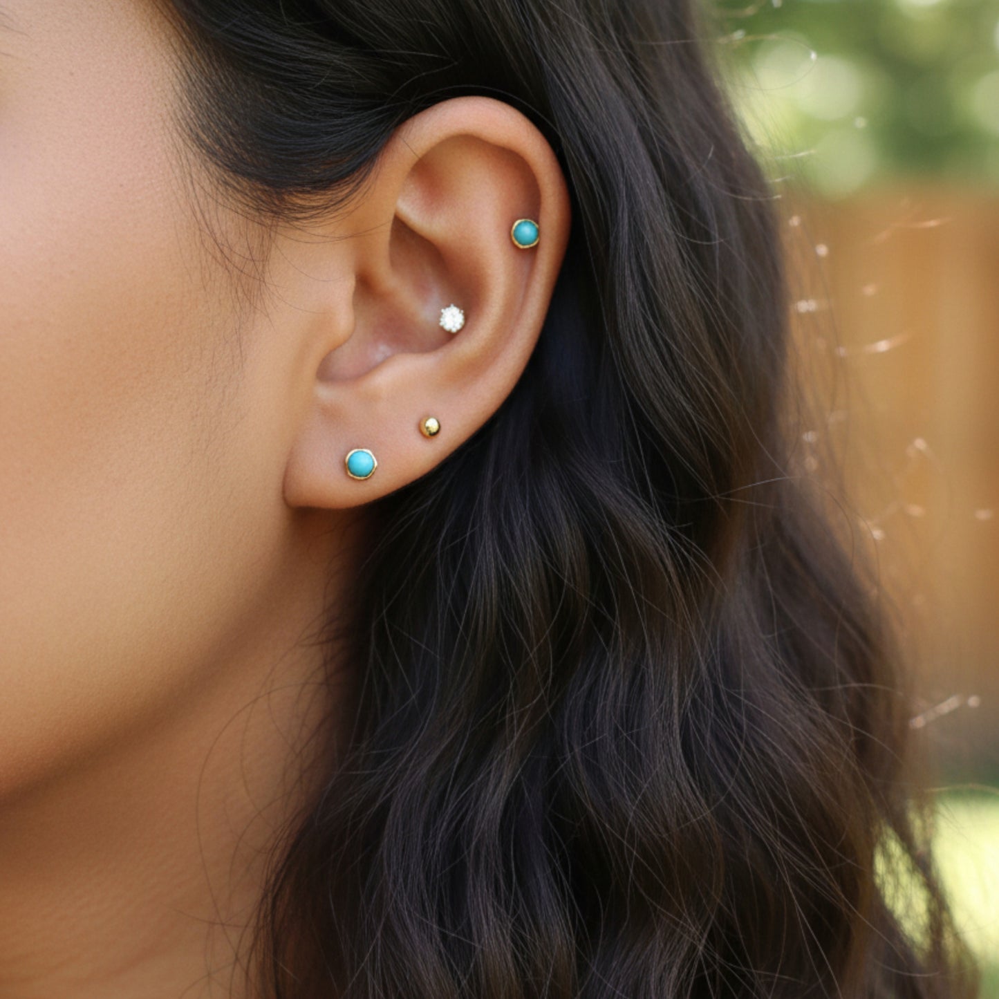 10K Real Gold Minimal Mini Green Round Turquoise Cartilage Screw On Earrings
