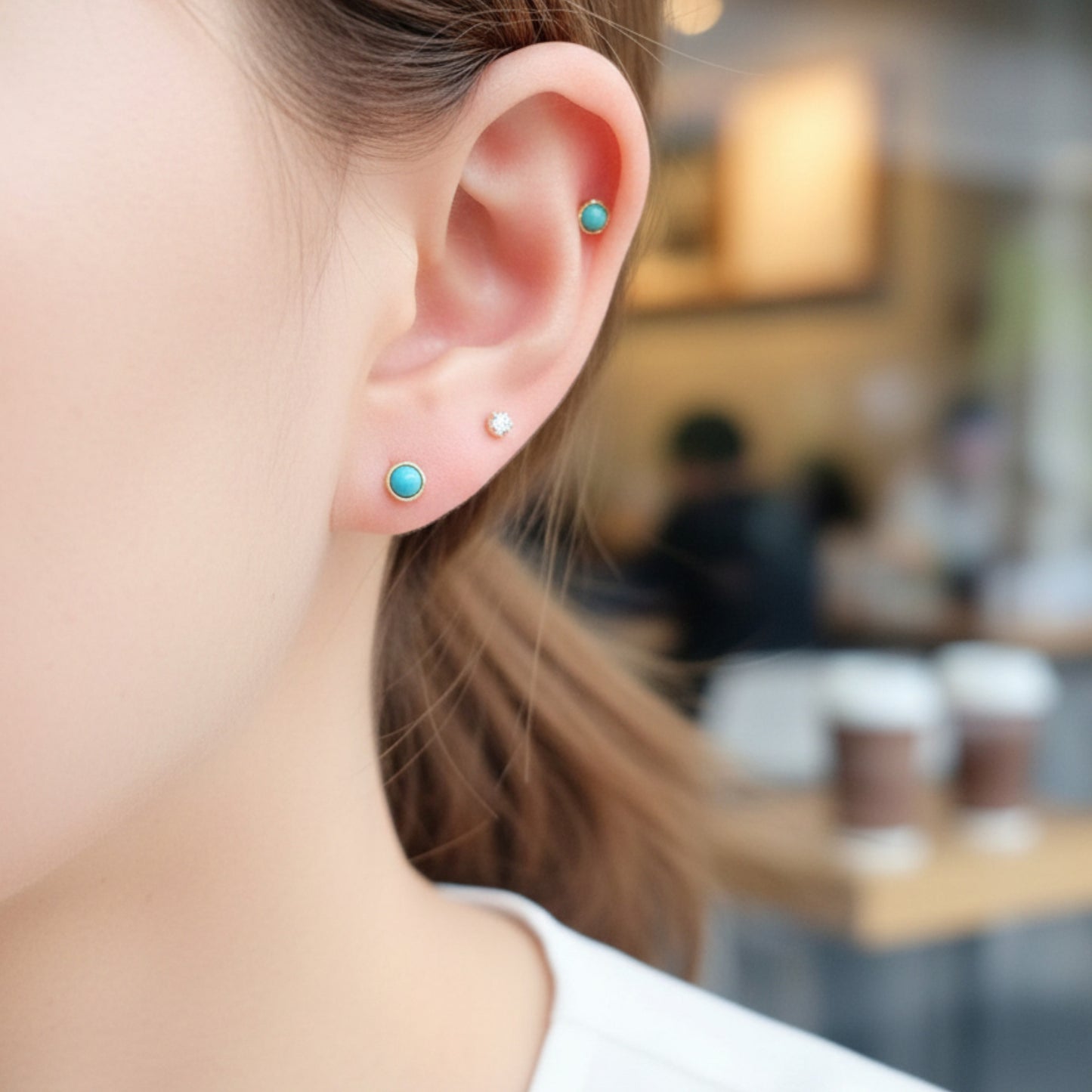 10K Real Gold Minimal Mini Green Round Turquoise Cartilage Screw On Earrings