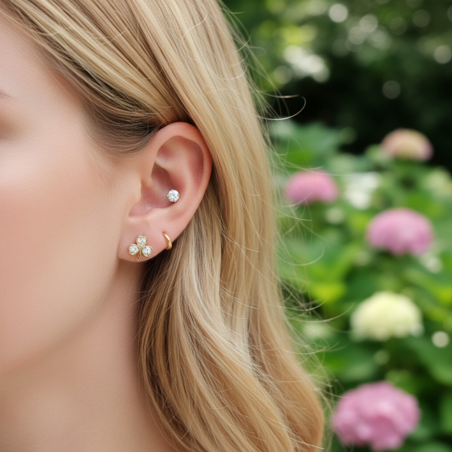 10K Real Gold Minimal Lucky Clover Leaf Screw On Earrings