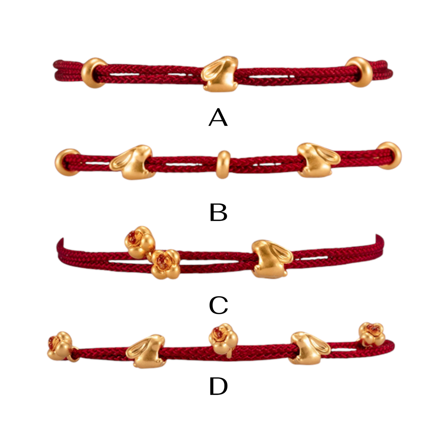 24k Pure 999 Gold Lucky Bunny Rabbit and Flower Braided Adjustable Rope Bracelet
