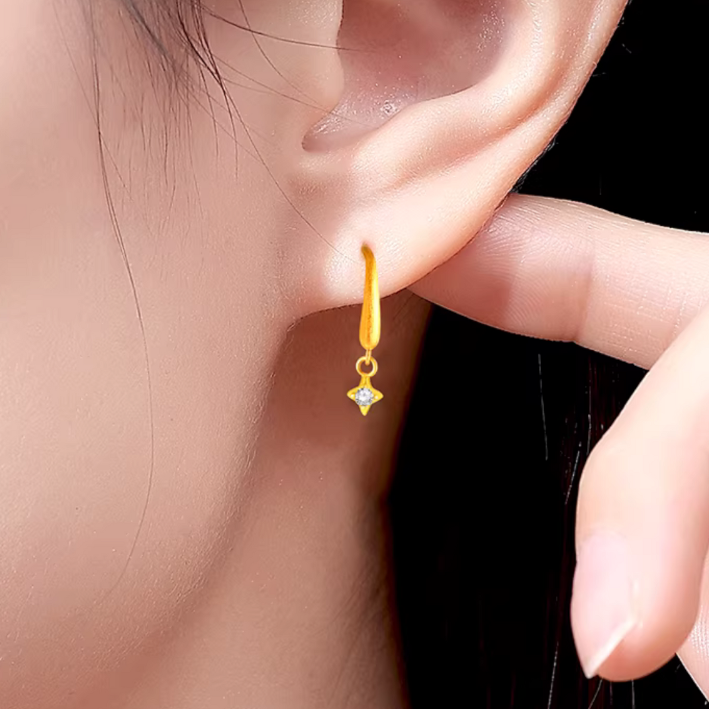 24K 999 Gold Frosted Star Ear Hook Stud Earrings