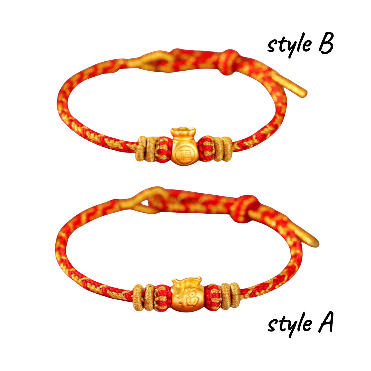 24K 999 Gold Blessing Bag "Fu" Charm Red Rope Braided Bracelet