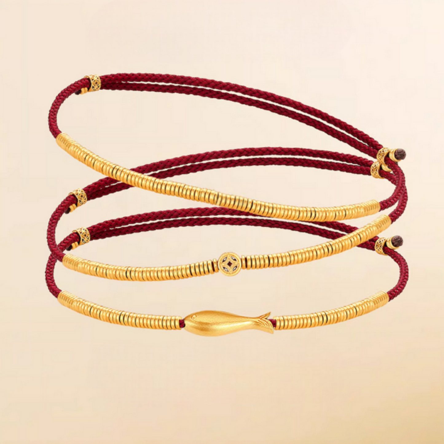 24k Real Gold Lucky Beads Red Rope Adjustable Bracelet