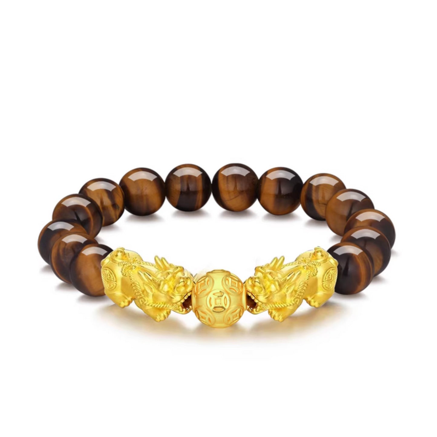 24K 999 Gold Pixiu Wealth Charm Tiger Eye Black Agate Sanskrit Beads Unisex Bracelet