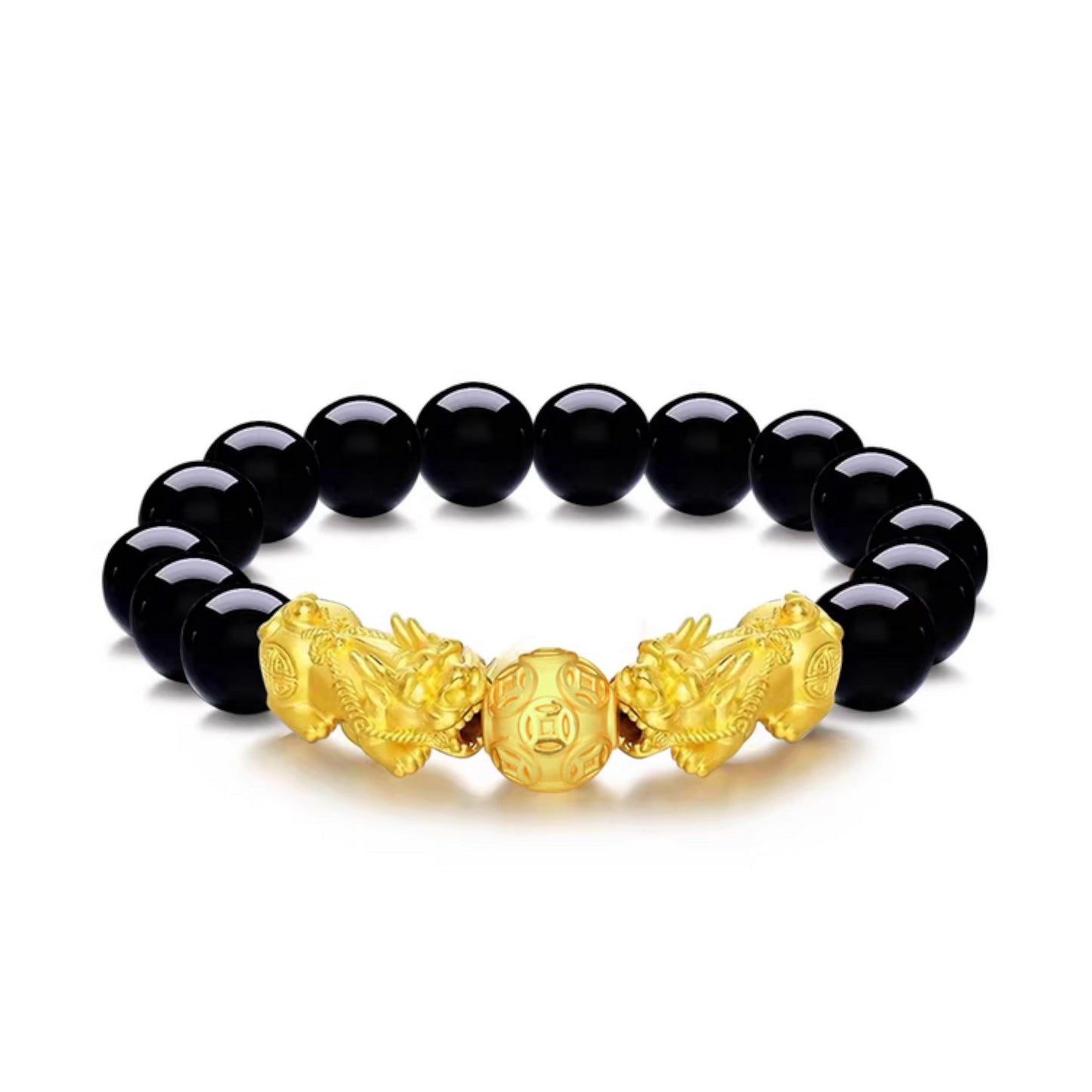24K 999 Gold Pixiu Wealth Charm Tiger Eye Black Agate Sanskrit Beads Unisex Bracelet