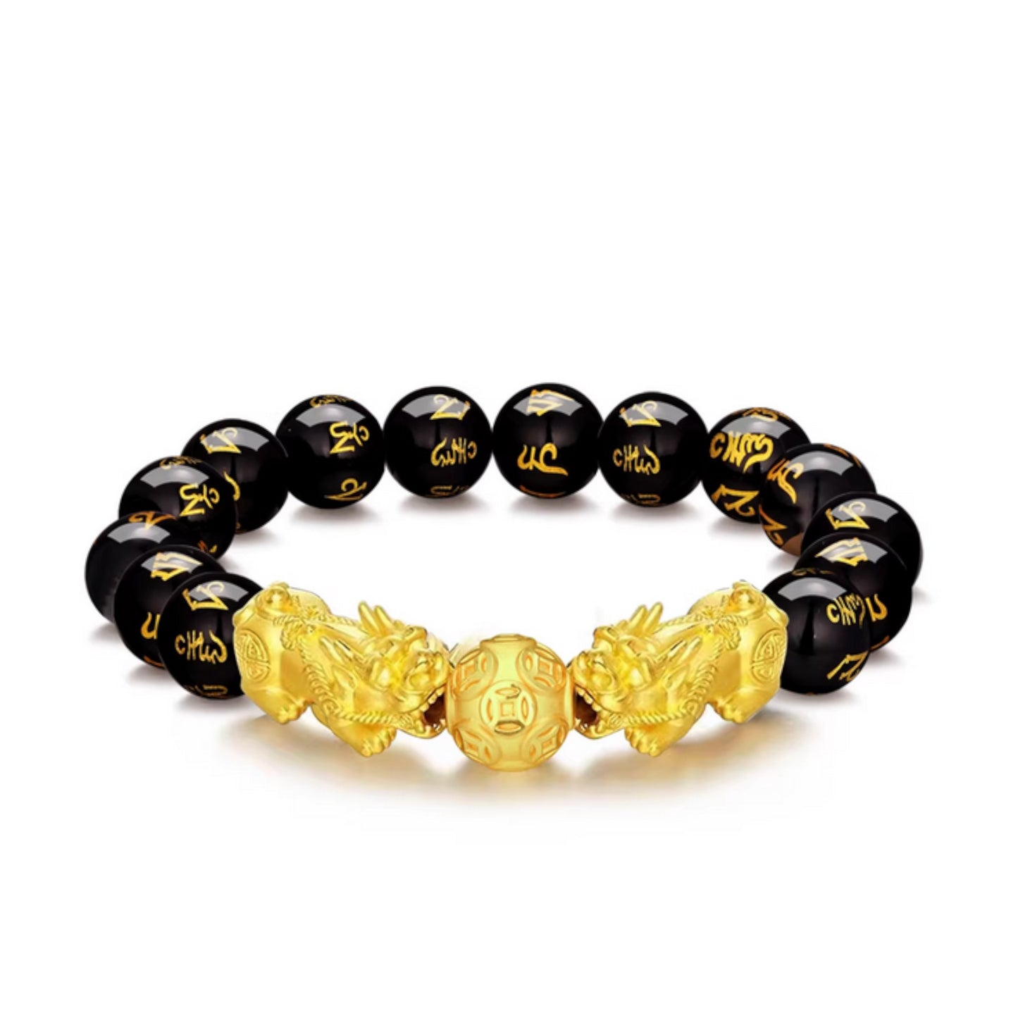 24K 999 Gold Pixiu Wealth Charm Tiger Eye Black Agate Sanskrit Beads Unisex Bracelet
