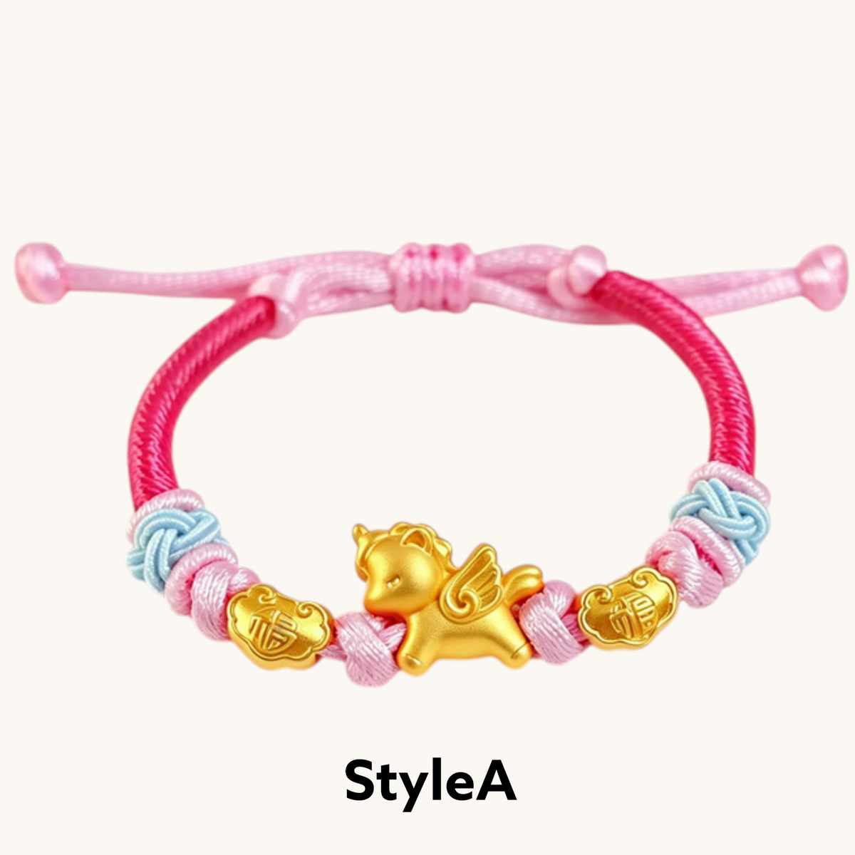 24K 999 Gold Little Wing Horse Zodiac Charm Adjustable Woven Bracelet Babyshower Kid Birthday Gift