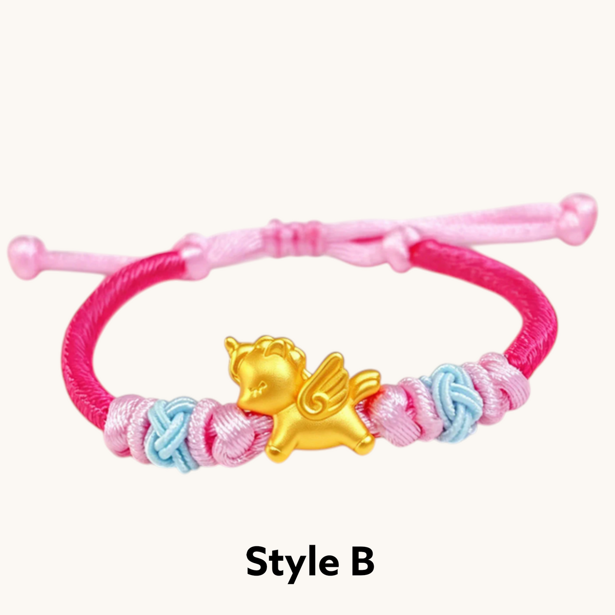24K 999 Gold Little Wing Horse Zodiac Charm Adjustable Woven Bracelet Babyshower Kid Birthday Gift