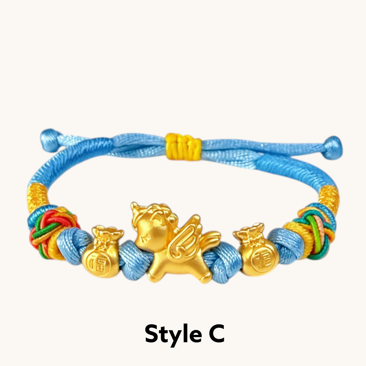 24K 999 Gold Little Wing Horse Zodiac Charm Adjustable Woven Bracelet Babyshower Kid Birthday Gift
