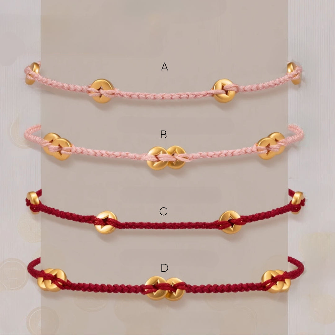 24k Pure 999 Gold Lucky Chinese Coin Red Rope Bracelet