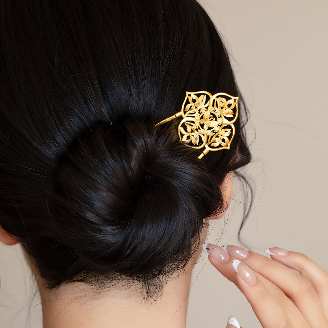 24k Gold Flower Lotus Hand-Carved Hairpin Hair Bun Stick