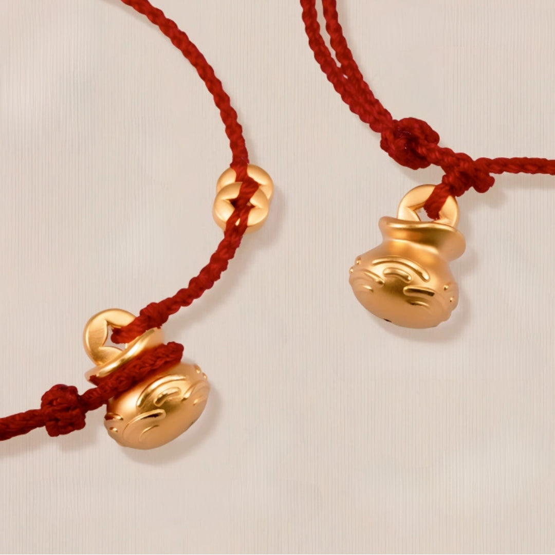 24k Pure 999 Gold Lucky Bag with Coin Red Rope Bracelet