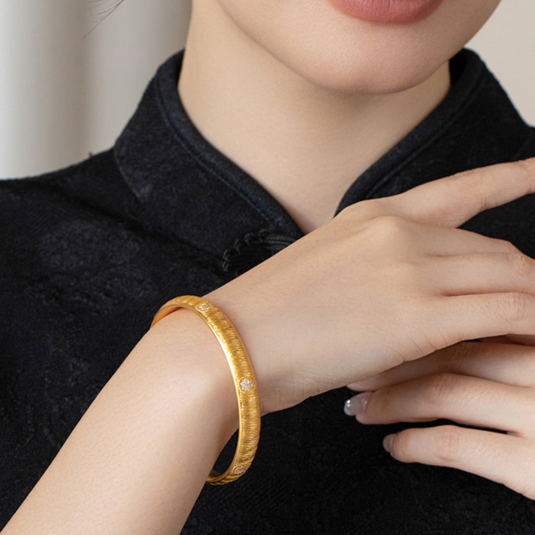 24K Real Gold Lucky Moissanite Gourd Brushed Pattern Bangle Cuff Bracelet - Gypsophila Co.