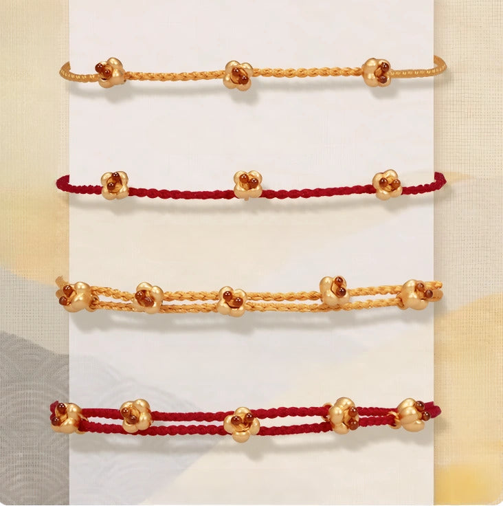 24k Pure 999 Gold Osmanthus fragrans Small Flower Charm with Red Rope Bracelet