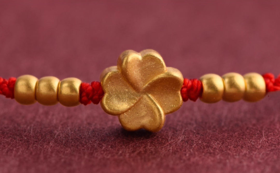 24k Solid 999 Gold Lucky Clover Charm Pendant with Red Rope Bracelet for Men and Women Blessing Braided Bracelet