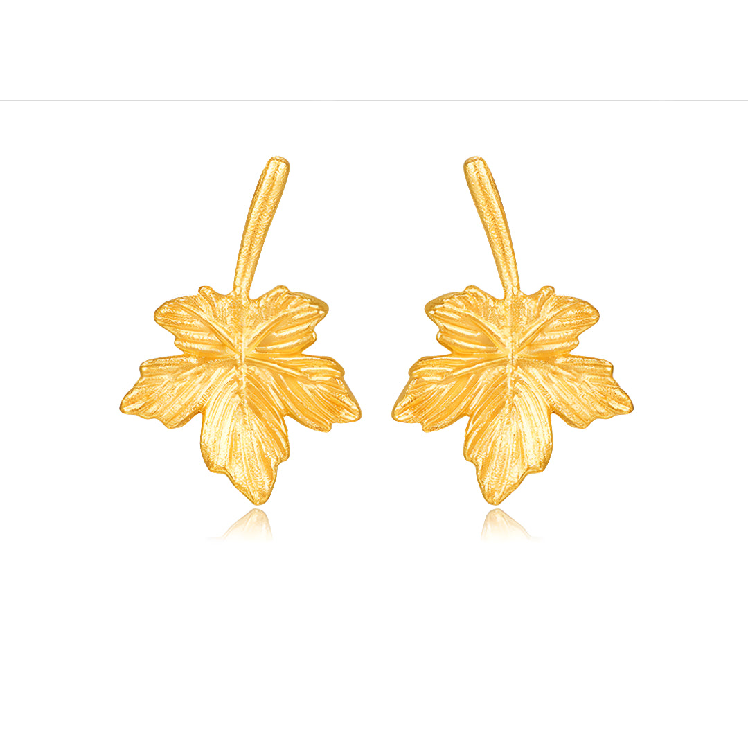 24K Real Solid Gold Maple Leaf Stud Earrings