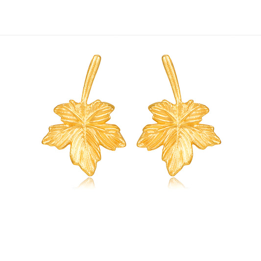 24K Real Solid Gold Maple Leaf Stud Earrings
