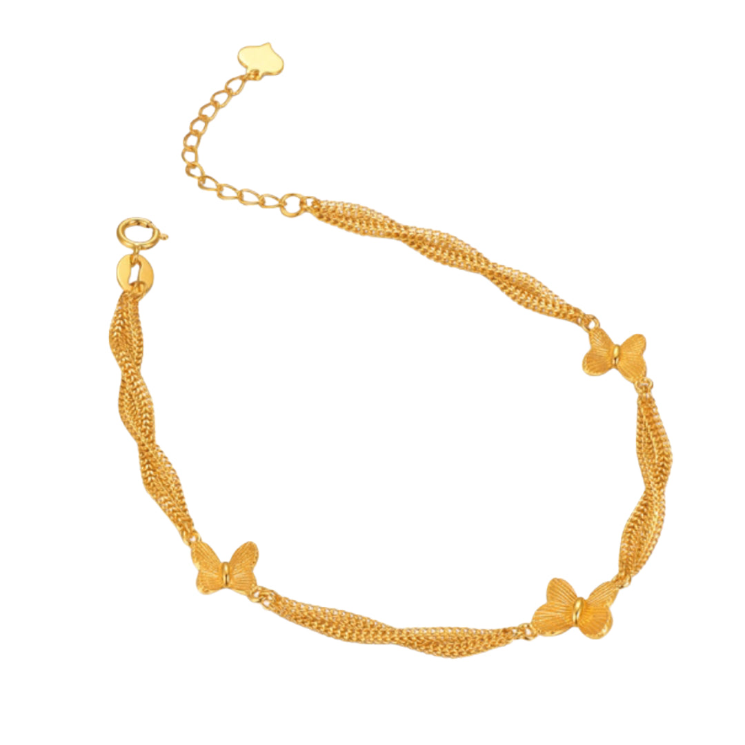 18K Real Gold Double Chain and Link Butterfly Charm Bracelet