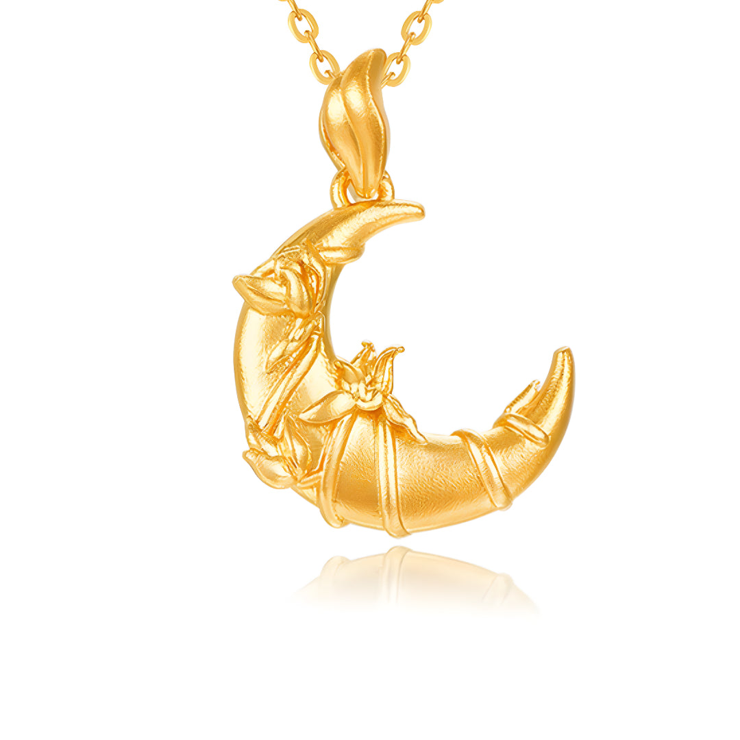 24K Solid Gold Ancient Moon Orchid Pendant