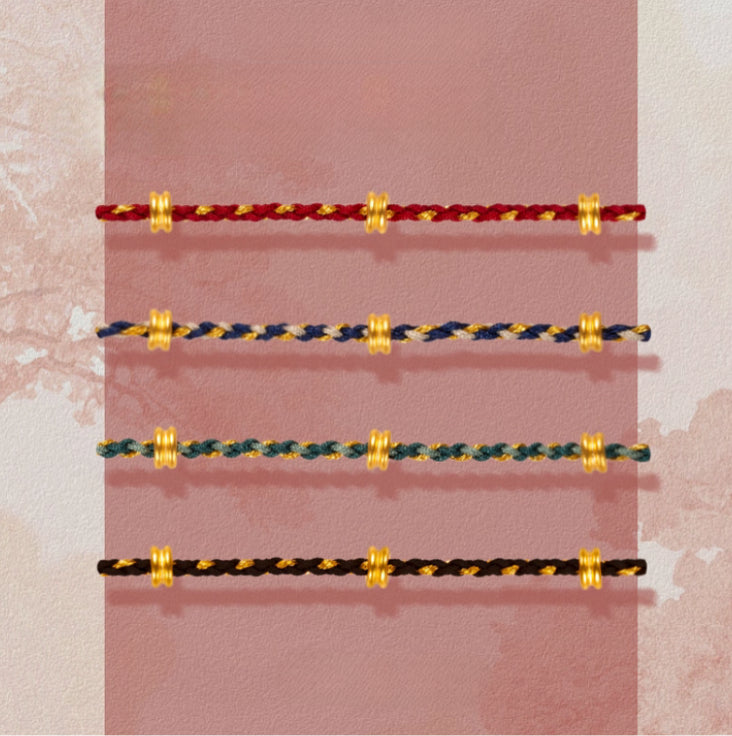 24k Pure 999 Gold Lucky Beads with Braided Rope Bracelet