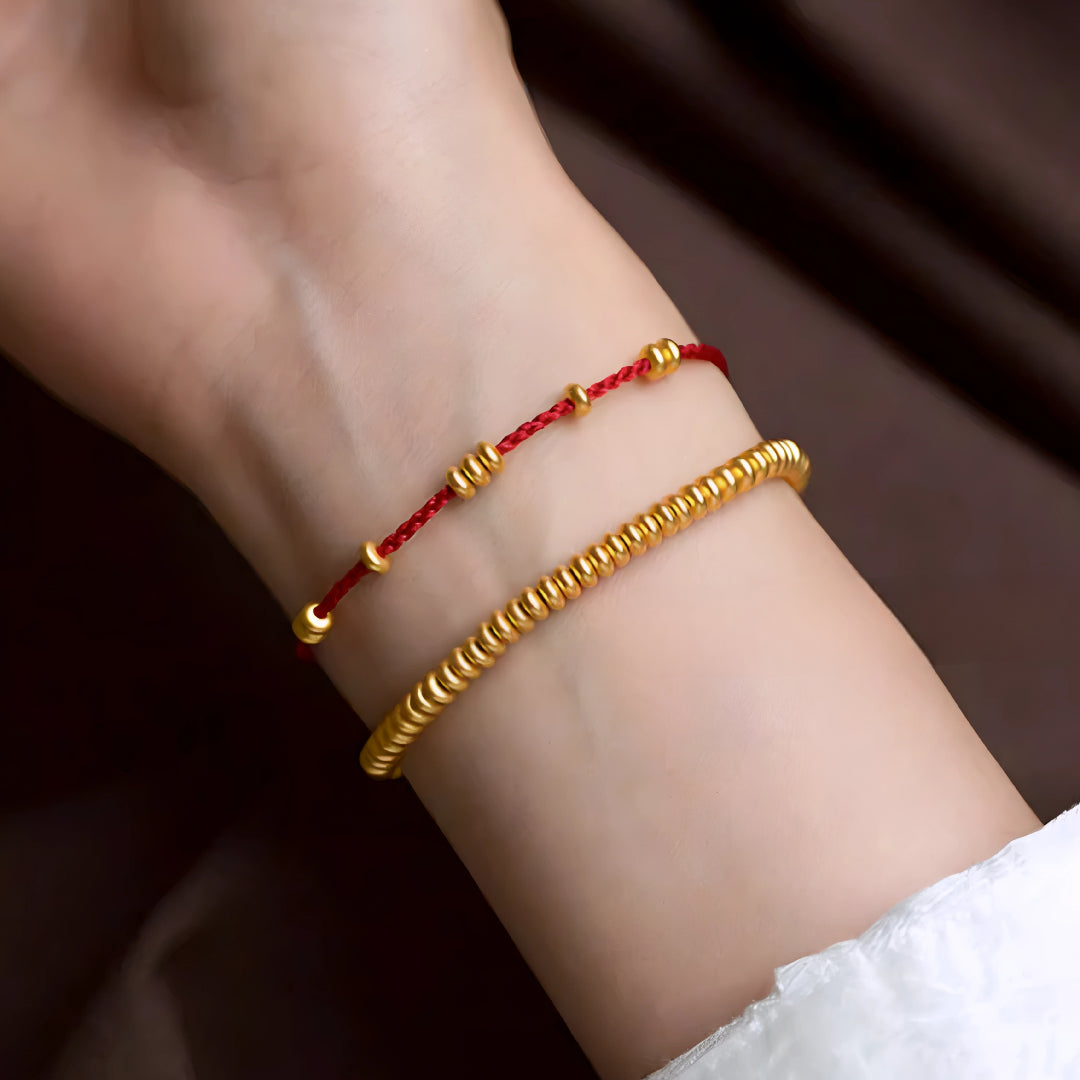 24k Pure 999 Gold Lucky Beads with Red Rope Bracelet