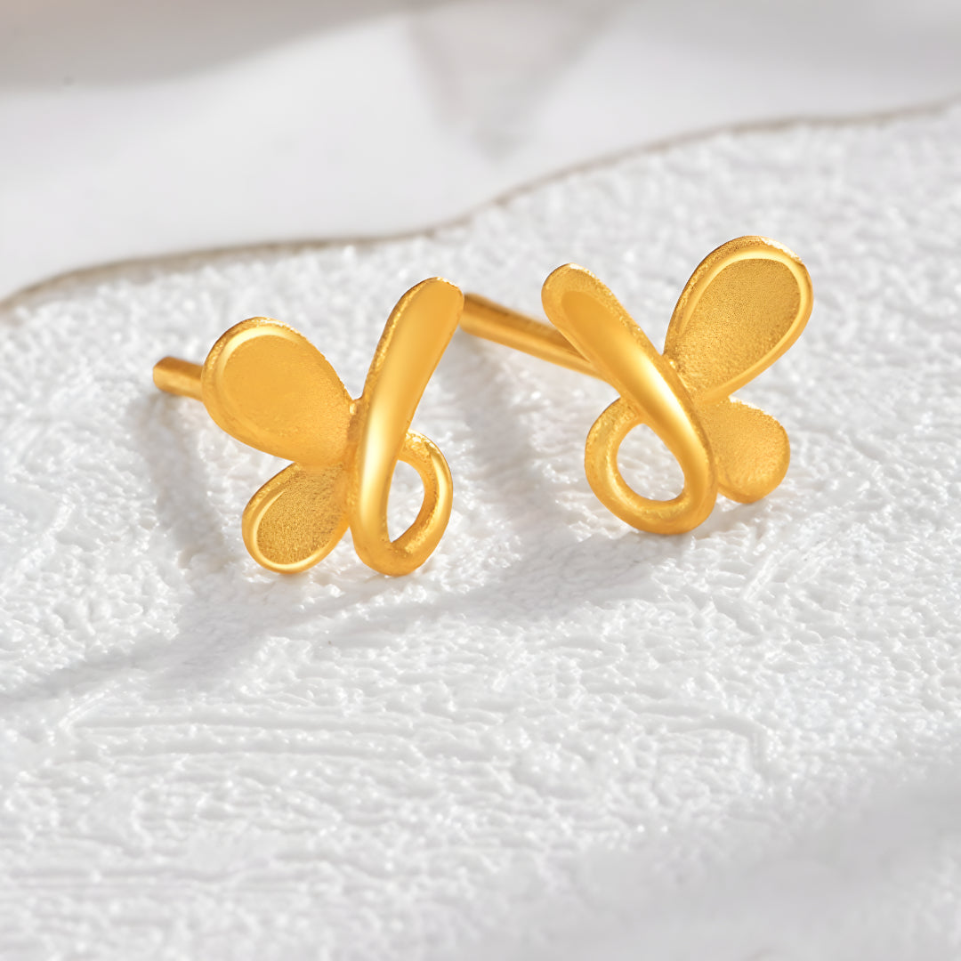 24k Real 999 Gold Butterfly Stud Earrings
