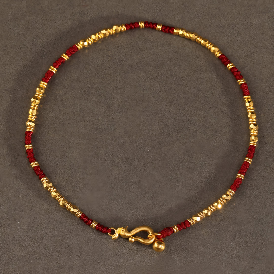 24k Solid 999 Gold Chinese Beads Red Braided Rope Bracelet for Men and Women Blessing and Luck