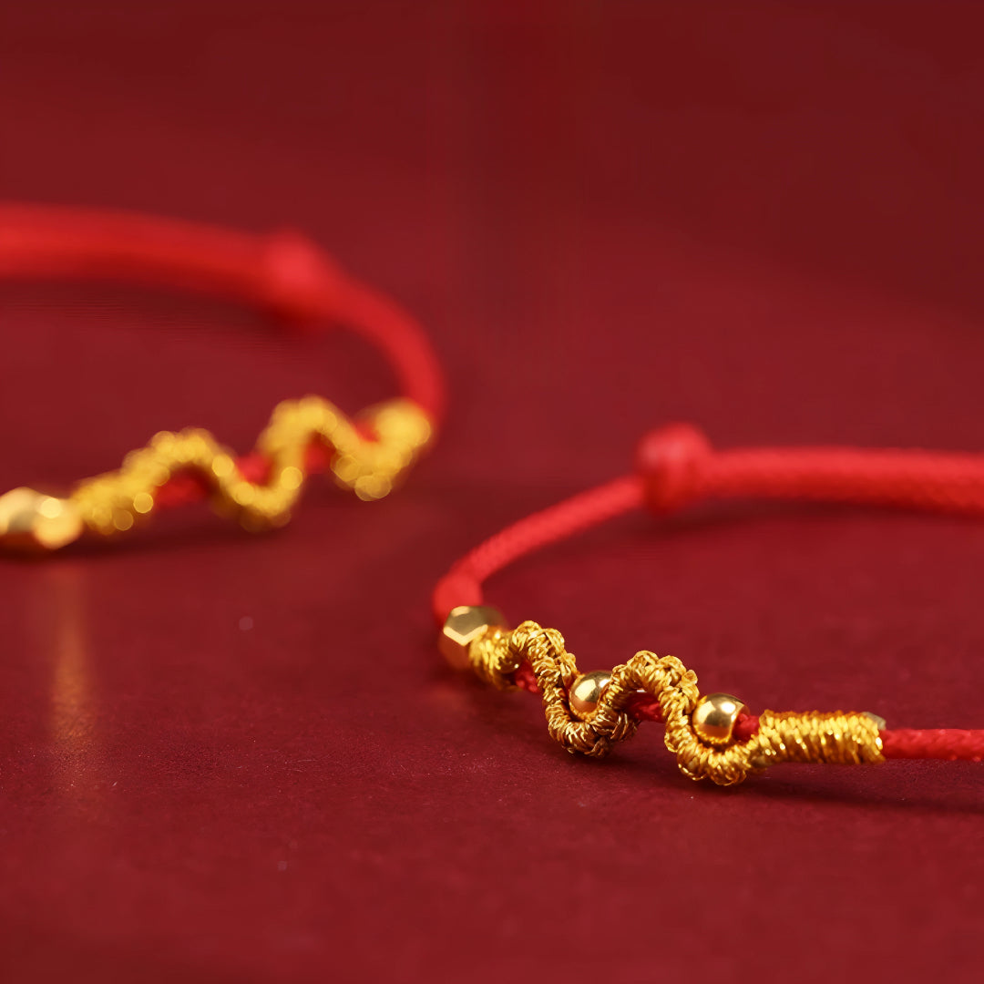 24k Solid 999 Gold Snake with Beads Pendant for Good Luck with Red String Braided Rope Bracelet and Anklet