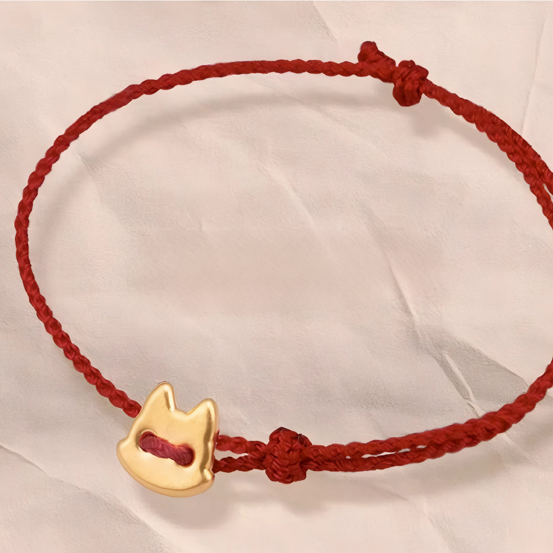 24k Pure 999 Gold Star Cat Dog Deer Apple Charm with Red Rope Bracelet