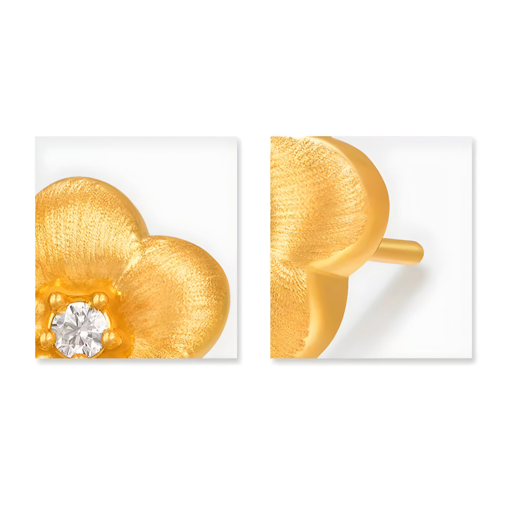 24K Golden Moissanite Flower Gold Stud Earrings And Flower Pendant 5D Retro Brushed Pattern