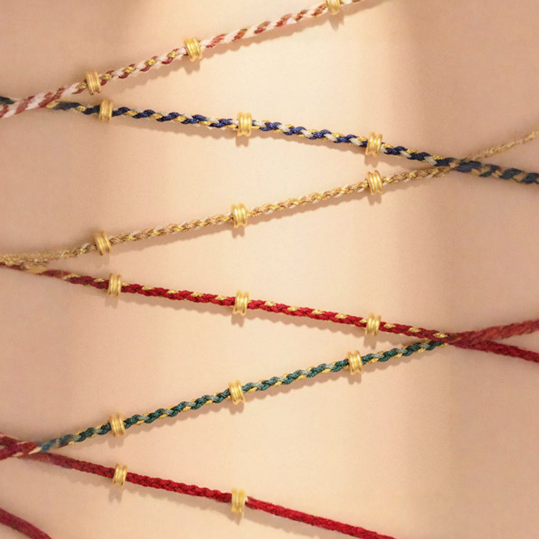 24k Pure 999 Gold Lucky Beads with Braided Rope Bracelet