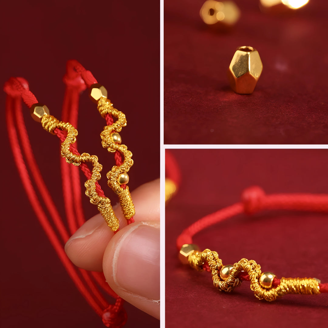 24k Solid 999 Gold Snake with Beads Pendant for Good Luck with Red String Braided Rope Bracelet and Anklet