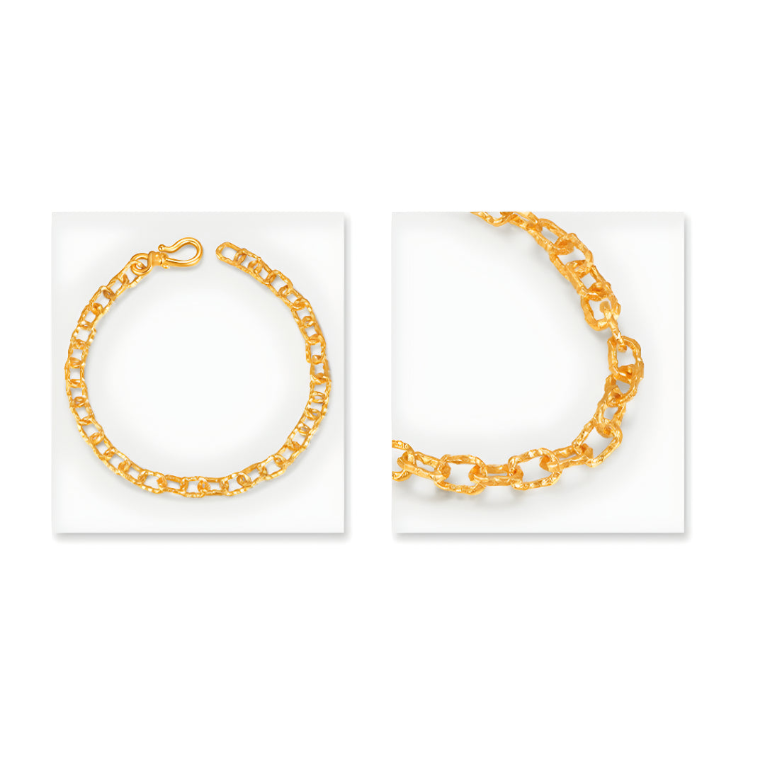 24K Real Gold Handmade Hammered Pattern Chain Link Bracelet